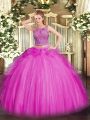 Floor Length Two Pieces Sleeveless Fuchsia Sweet 16 Dress Lace Up