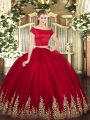 Wine Red Tulle Zipper Quinceanera Gowns Short Sleeves Floor Length Appliques