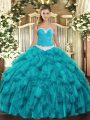 Floor Length Lace Up Quinceanera Dress Teal for Military Ball and Sweet 16 and Quinceanera with Appliques and Ruffles