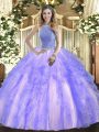 Lavender Ball Gowns Tulle High-neck Sleeveless Beading and Ruffles Floor Length Lace Up Quinceanera Gown