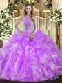 High-neck Sleeveless Lace Up Quinceanera Gowns Lavender Organza