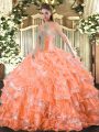 Top Selling Orange Red Ball Gowns Sweetheart Sleeveless Organza Floor Length Lace Up Beading and Ruffled Layers Quinceanera Gowns