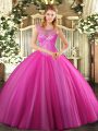 Luxurious Hot Pink Sleeveless Beading Floor Length Ball Gown Prom Dress