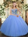 Enchanting Floor Length Lace Up Ball Gown Prom Dress Baby Blue for Military Ball and Sweet 16 and Quinceanera with Beading