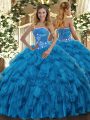 Baby Blue Organza Lace Up Quinceanera Gown Sleeveless Floor Length Beading and Ruffles