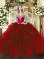 Custom Designed Wine Red Organza Lace Up Sweetheart Sleeveless Floor Length 15th Birthday Dress Beading and Ruffles