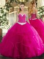 Fuchsia Ball Gowns Sweetheart Sleeveless Tulle Floor Length Lace Up Appliques and Ruffles 15th Birthday Dress