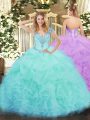 Hot Sale Aqua Blue Sleeveless Organza Lace Up Vestidos de Quinceanera for Military Ball and Sweet 16 and Quinceanera