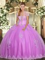 Lilac Ball Gown Prom Dress Military Ball and Sweet 16 and Quinceanera with Appliques Strapless Sleeveless Lace Up