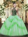Clearance Ball Gowns Taffeta and Tulle Halter Top Sleeveless Beading and Appliques Floor Length Lace Up Sweet 16 Dresses