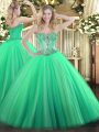 Sleeveless Tulle Floor Length Lace Up Quinceanera Dress in Turquoise with Beading
