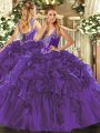 Sweet Purple Ball Gowns Beading and Ruffles Sweet 16 Dress Lace Up Organza Sleeveless Floor Length