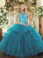 Perfect Ball Gowns 15th Birthday Dress Teal High-neck Organza Sleeveless Asymmetrical Lace Up