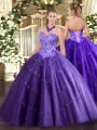Modest Purple Ball Gowns Tulle Sweetheart Sleeveless Appliques Floor Length Lace Up Sweet 16 Dress