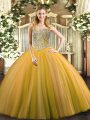 Glorious Gold Tulle Lace Up Sweetheart Sleeveless Floor Length Quinceanera Dress Beading