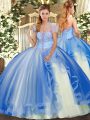 Best Selling Floor Length Blue 15 Quinceanera Dress Tulle Sleeveless Appliques and Ruffles