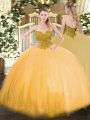 Extravagant Gold Sweetheart Lace Up Beading Ball Gown Prom Dress Sleeveless