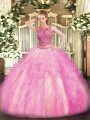 Rose Pink Sleeveless Beading and Ruffles Floor Length 15 Quinceanera Dress