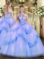 Noble Sleeveless Tulle Floor Length Lace Up Quinceanera Gown in Blue with Appliques and Sequins