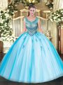 Flirting Scoop Sleeveless Tulle Quinceanera Gowns Beading and Appliques Lace Up