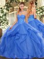 Luxury Sleeveless Tulle Floor Length Lace Up 15th Birthday Dress in Blue with Beading and Ruffles