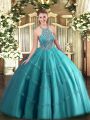 Halter Top Sleeveless Tulle Ball Gown Prom Dress Beading and Appliques Lace Up