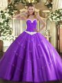 Lavender Sleeveless Appliques Floor Length Ball Gown Prom Dress