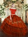 Colorful Rust Red Organza and Taffeta Zipper Off The Shoulder Short Sleeves Floor Length Sweet 16 Quinceanera Dress Embroidery and Ruffled Layers