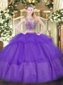 Scoop Sleeveless Tulle Ball Gown Prom Dress Beading and Ruffled Layers Lace Up