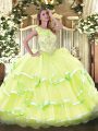 Custom Design Yellow Green Ball Gowns Organza Scoop Sleeveless Beading and Ruffled Layers Floor Length Lace Up 15 Quinceanera Dress
