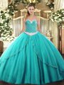 Lace Up Quinceanera Gown Turquoise for Military Ball and Sweet 16 and Quinceanera with Appliques Brush Train
