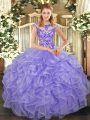 Top Selling Scoop Cap Sleeves 15 Quinceanera Dress Floor Length Beading and Appliques and Ruffles Lavender Organza