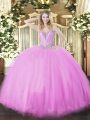 Flare Lilac Ball Gowns Sweetheart Sleeveless Tulle Floor Length Lace Up Beading Vestidos de Quinceanera
