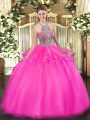 Stylish Sleeveless Tulle Floor Length Lace Up Quinceanera Gowns in Hot Pink with Beading and Ruffles