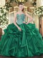 Affordable Beading and Ruffles Sweet 16 Quinceanera Dress Dark Green Lace Up Sleeveless Floor Length