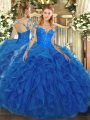 Blue Lace Up Sweet 16 Dress Lace and Ruffles Long Sleeves Floor Length
