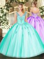 Extravagant Turquoise Lace Up V-neck Beading Quince Ball Gowns Organza and Tulle Sleeveless