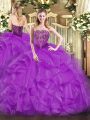 Pretty Sleeveless Organza Floor Length Lace Up 15th Birthday Dress in Purple with Beading and Ruffles