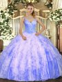 Luxury Lavender V-neck Neckline Beading and Ruffles Ball Gown Prom Dress Sleeveless Lace Up