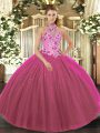 Discount Sleeveless Tulle Floor Length Lace Up Quinceanera Dresses in Fuchsia with Embroidery