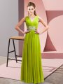Empire Prom Gown Yellow Green V-neck Chiffon Sleeveless Floor Length Lace Up