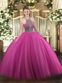 Hot Pink Tulle Lace Up Ball Gown Prom Dress Sleeveless Floor Length Beading