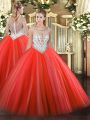 Superior Sleeveless Floor Length Beading Zipper 15 Quinceanera Dress with Coral Red