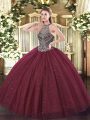 Burgundy Lace Up Sweetheart Beading Ball Gown Prom Dress Tulle Sleeveless