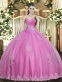 Great Rose Pink Tulle Lace Up Quince Ball Gowns Sleeveless Floor Length Beading and Appliques