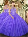 Custom Designed Lavender Ball Gowns Halter Top Sleeveless Tulle Floor Length Lace Up Beading and Embroidery Sweet 16 Dress