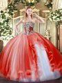 New Style Floor Length Coral Red Vestidos de Quinceanera Tulle Sleeveless Beading and Ruffles