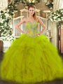 Olive Green Organza Lace Up Sweetheart Sleeveless Floor Length Quinceanera Gown Beading and Ruffles