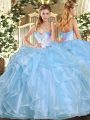 Lovely Aqua Blue Organza Lace Up Sweetheart Sleeveless Floor Length Sweet 16 Quinceanera Dress Beading and Ruffles