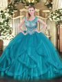 Ball Gowns Vestidos de Quinceanera Teal Scoop Tulle Sleeveless Floor Length Lace Up